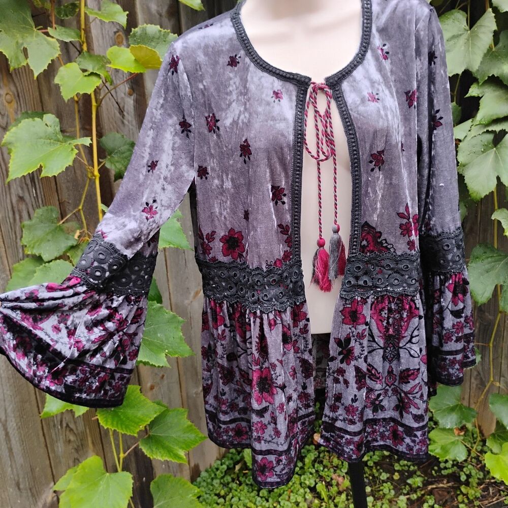 Mystree Velvet Lace Boho Kimono Cardigan Small Grey Bell Sleeve Whimsygoth